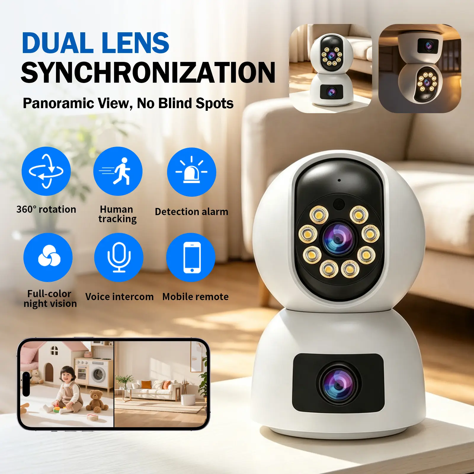 Kgarden 360° PTZ Dual Lens Indoor Security Camera, 2.4G WiFi Smart Home Cam, with Night Vision, Motion Detection, 2-Way Audio, Cloud & SD Card Storage gadget