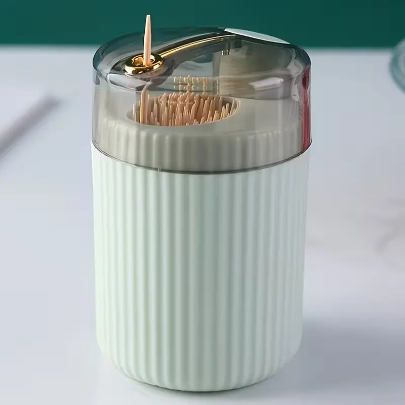 Press-Down Toothpick Holder, Home Living Room Toothpick Box, Organiser, Creative Round Lightweight Plastic Storage Jar, Canister, Luxury Style Automatic Toothpick Dispenser