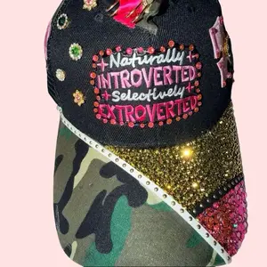 Loved By Charmz Rhinestone Trucker Hat - Naturally Introverted Selectively Extroverted Embellished, Adjustable Snapback, Bedazzled, Color-Variant, Camo Brim, Casual Style Headwear for Fashion Accessories, Rhinestone Hats, Color-Variant Hats