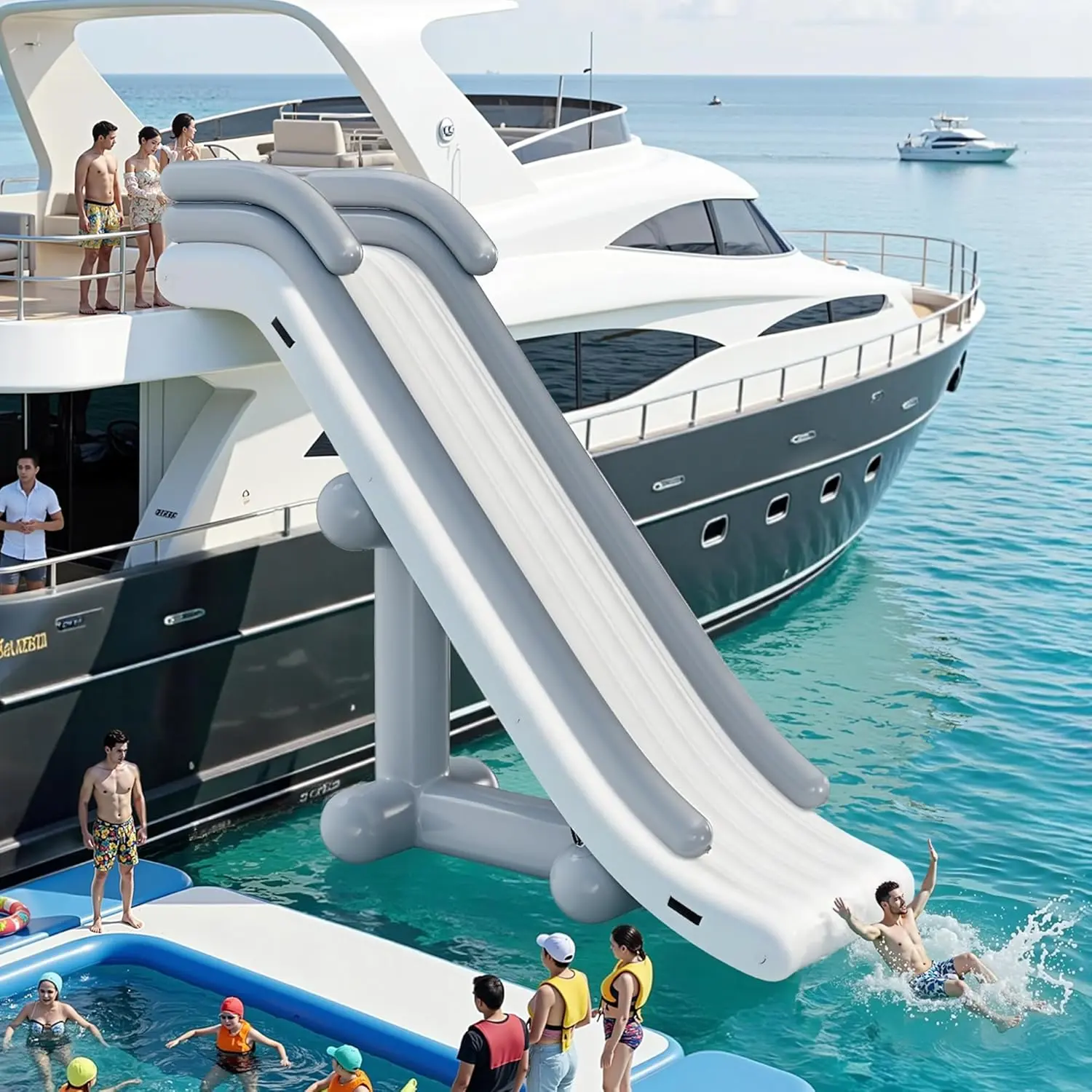 HRTE16Lx5.3Wx11.5H FT Commercial Inflatable Yatch Water Slide, Grey & White, Outdoor Waterfall Slide for Adults & Kids, Easy Setup Lake & Boat Water Fun