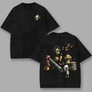 Machinarium Retro Graphic Oversize Unisex Washed T-Shirt, Double Printed Streetwear Game Merch Gift For Fan Seamless Tops Fabric Oversized Menswear