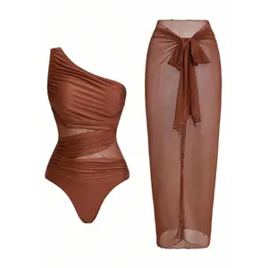 Trendy Women's One-Piece Bathing Suit – Solid Color Ruched Mesh Design with Matching Sarong Skirt, Ideal Summer Beach Vacation Outfit