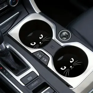 2-Pack, Cute Black Cat Car Cup Holder Coasters, with Finger Grooves for Easy Removal, Car Interior Accessories, Car Cup Coasters