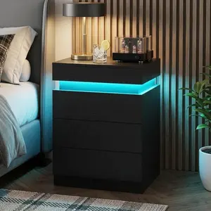 3-Drawer Smart Modern Black Nightstand with Charging Station, LED Lights, Hidden Outlets, Sliding Top - Indoor Furniture Bedside Table for Adults, Ideal for Bedroom Decor Ideas, Apartment Stuff, Cool Stuff for Your Space