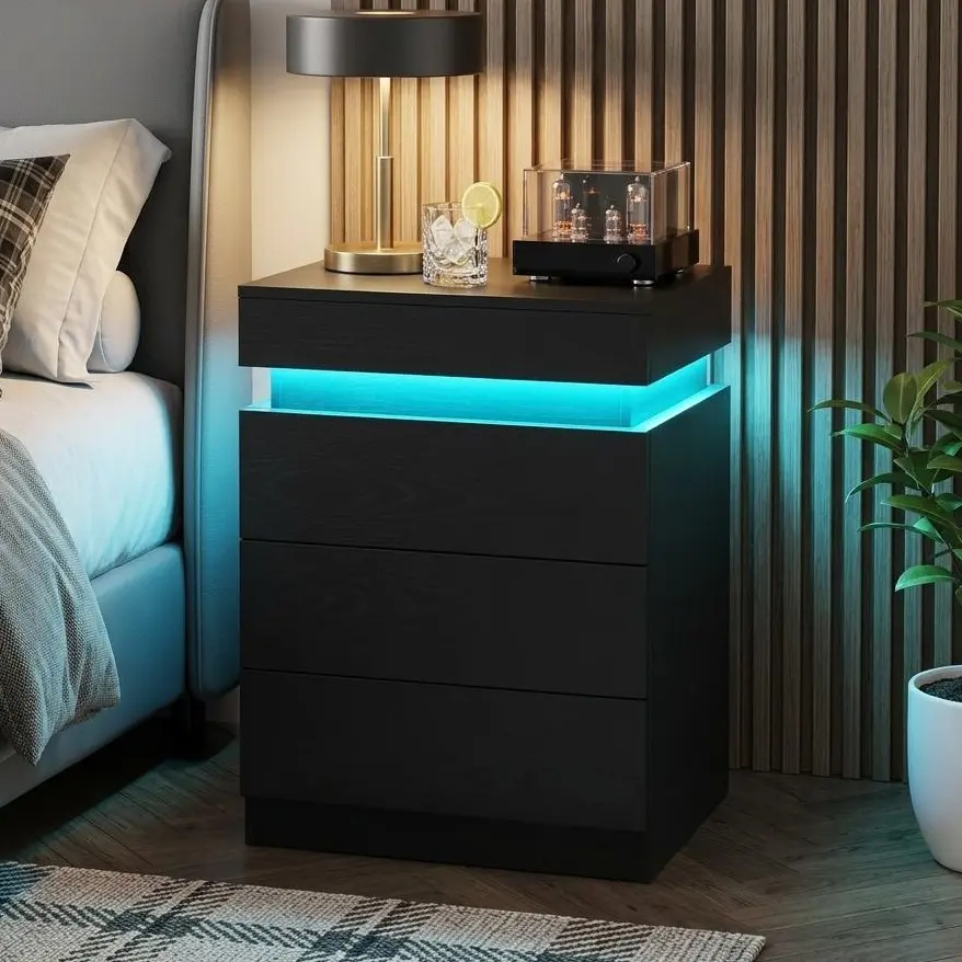 Modern Black Nightstand - 3-Handle-Free Sliding Drawer Smart Bedside Furniture with Charging Station, LED RGB Lighting, Hidden Outlets, Nightstands for Bedroom, Ideal for Adult Apartments