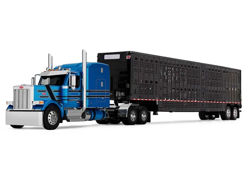 Peterbilt Model 589 w/ 72 Mid-Roof Sleeper w/ Wilson Silverstar Livestock Trailer - Bright Blue w/ Black Stripes Diecast 1:64 Scale Model - DCP 60-2172