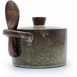 8oz Ceramic Salt Jar with Lid and Wooden Spoon Countertop Salt Container Sugar Jar Spice Jar |   Clay Home Kitchen Decoration (Rough Ceramic Color)