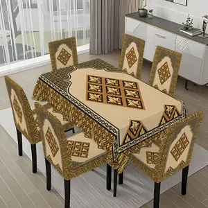 5/7-piece 2D Flat Printing Ramadan Kareem Golden Geometry Printing Pattern Tablecloth and Chair Cover Set, for dining table and chair decoration, perfect for home, holiday gatherings, restaurants, and parties.