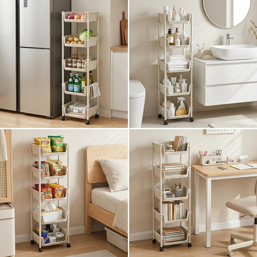 Multifunctional Multi-Layer Plastic StorageCartwith Wheels, Layered Shelf Organizer forBedroomKitchen Bathroom Living Room,AdjustableStanding Shelf Suction Cup Sponge Holder forKitchen Sink semiannual sale 2026 easy install kit gloveclip cas