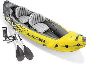 Intex 68307EP Explorer K2 Inflatable Kayak Set: Includes Deluxe 86in Aluminum Oars and High-Output Pump – SuperStrong PVC – Adjustable Seats with Backrest – 2-Person – 400lb Weight Capacity