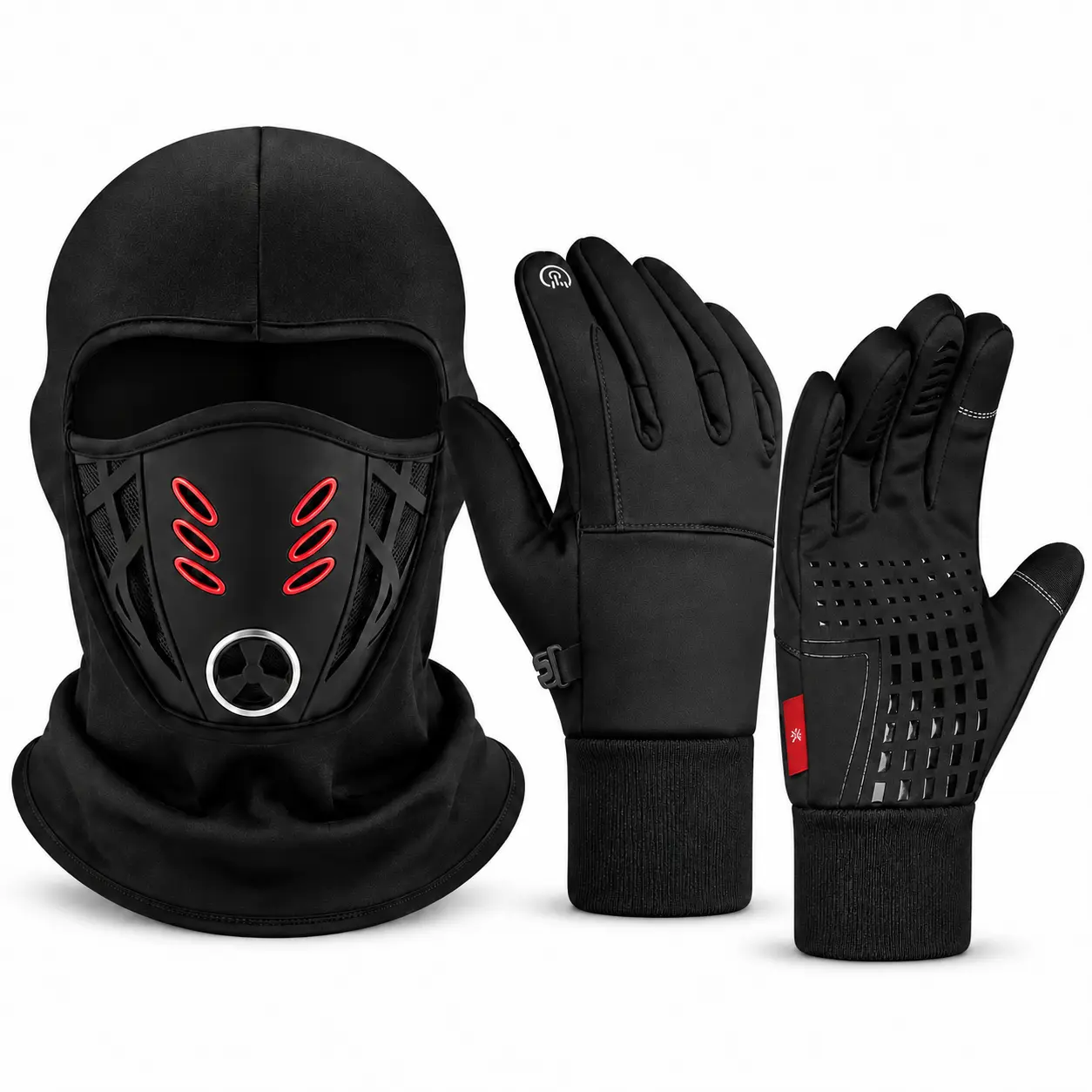 Winter Balaclava Face Mask and Touchscreen Gloves Set for Men and Women, Full-Coverage Hood with Warm Fleece-Lined Anti-Slip Gloves for Cycling, Running and Outdoor Activities