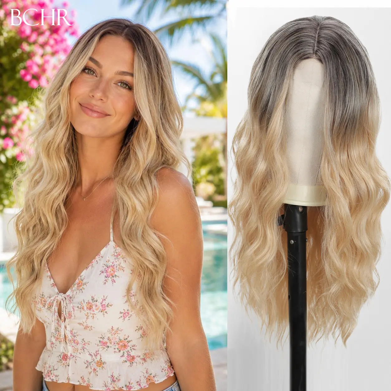 [BCHR HAIR] Women's 26 in Middle Part Ombre Wavy Glueless Frontal Synthetic Lace Wig, Black with Brown Highlights, Heat Resistant Handcrafted Hairline Anti-Slip Band, for Daily Party, Synthetic Costume Wigs, Synthetic Lace Wigs