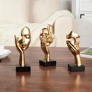 Gold Decor Thinker Statues Set of 3,Golden Abstract Face Resin Sculptures, Home Decor Accents