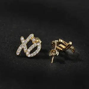 14k Gold Plated Gold Earrings For Men,Hip-Hop Trendy Xo Inlaid With Shiny Cubic Zirconia - Hypoallergenic Copper, Hypoallergenic Earrings Jewelry Gift