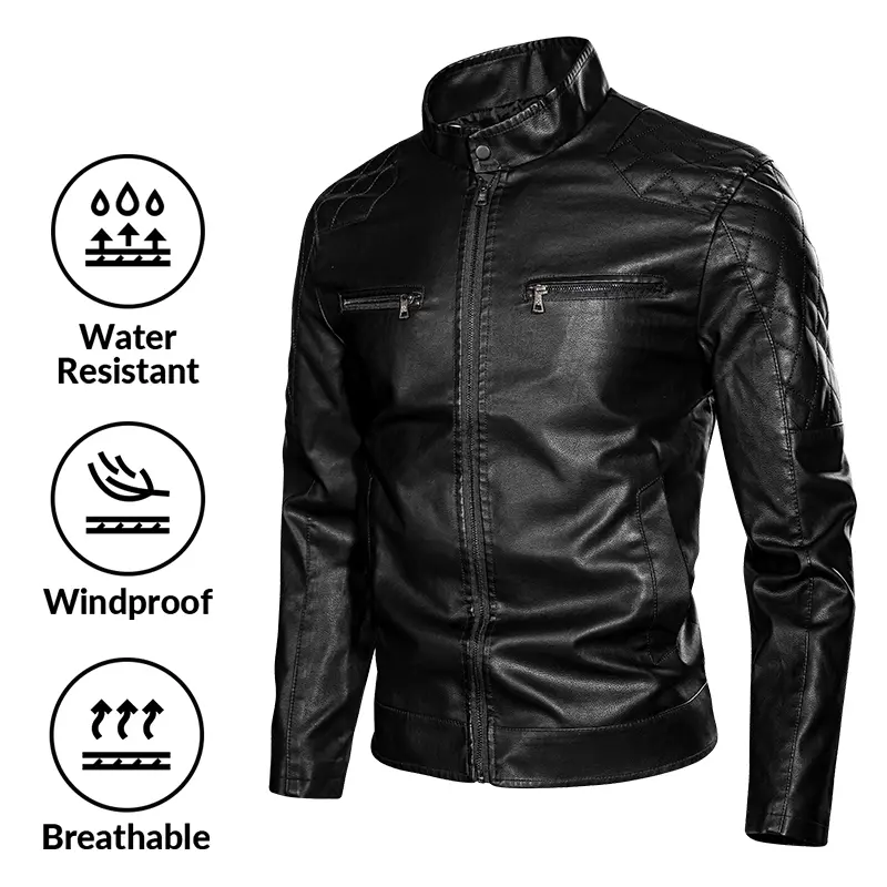 Men's Quilted Shoulder Faux Leather Vintage Biker Jacket - Stand Collar, Slim Fit, Classic Sleeves, Water-Resistant, Windproof, Breathable Menswear Cafe Racer Motorcycle Coat, Pockets, Plain