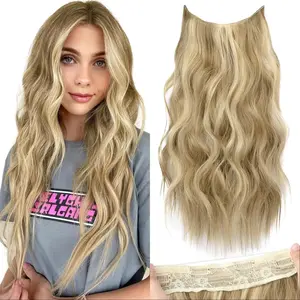 SummerVibes AISI HAIR Invisible Wire Hair Extensions with Transparent Headband Adjustable Size 4 Secure Clips Long Wavy Secret Wire Hairpiece for Women Body Wave Blonde