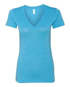 Women's Fitted Short-Sleeve Triblend Cotton-Polyester Fabric T-Shirt - Basic Minimalist Deep V-Neck Casual Style Top - 8435