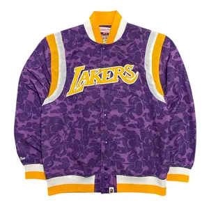 Women's BAPE x Mitchell & Ness Lakers Fitted Long Sleeve Sportswear Warm-Up Jacket, Purple Tops & Coats