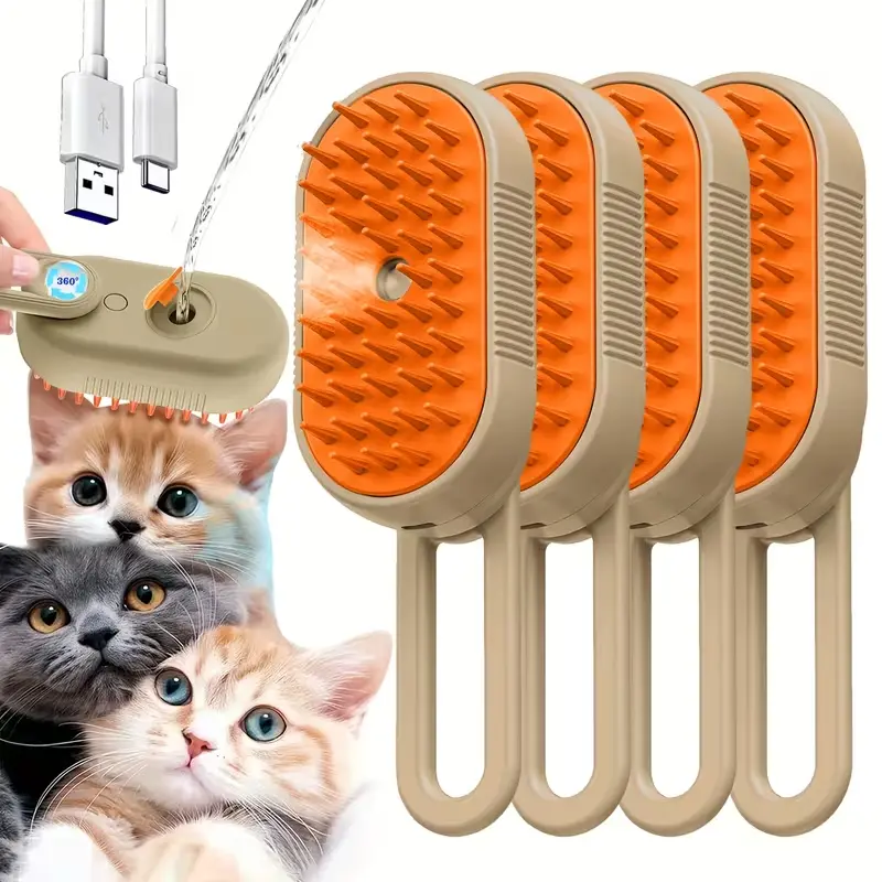4PCS New Cat Steam Brush for Shedding, 4 in 1 Rechargeable Steam Brush for Cats and Dogs, Anti-Static, Massage, Cleaning, Shedding & Combing All In One!