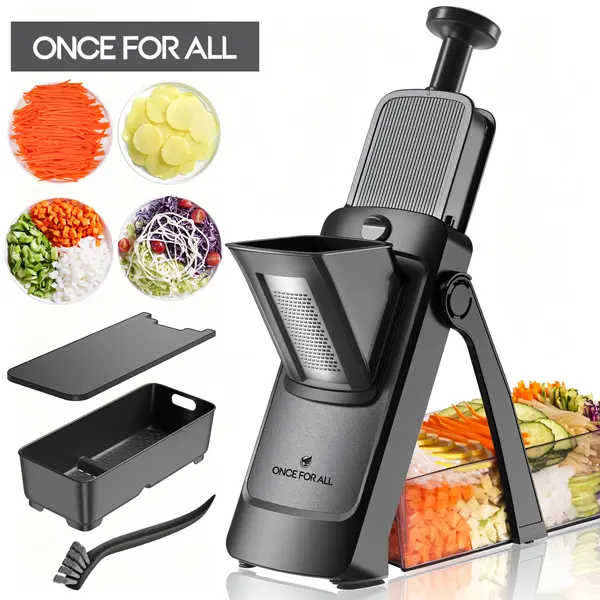 【ONCE FOR ALL】 Upgrade Larger Safe Mandoline Slicer with Cheese Grater Potato Slicer for Chips, Vegetable Slicer,Thickness Adjustable 0.1-8 mm, Drain baskets and containers (Only Slicer) Black