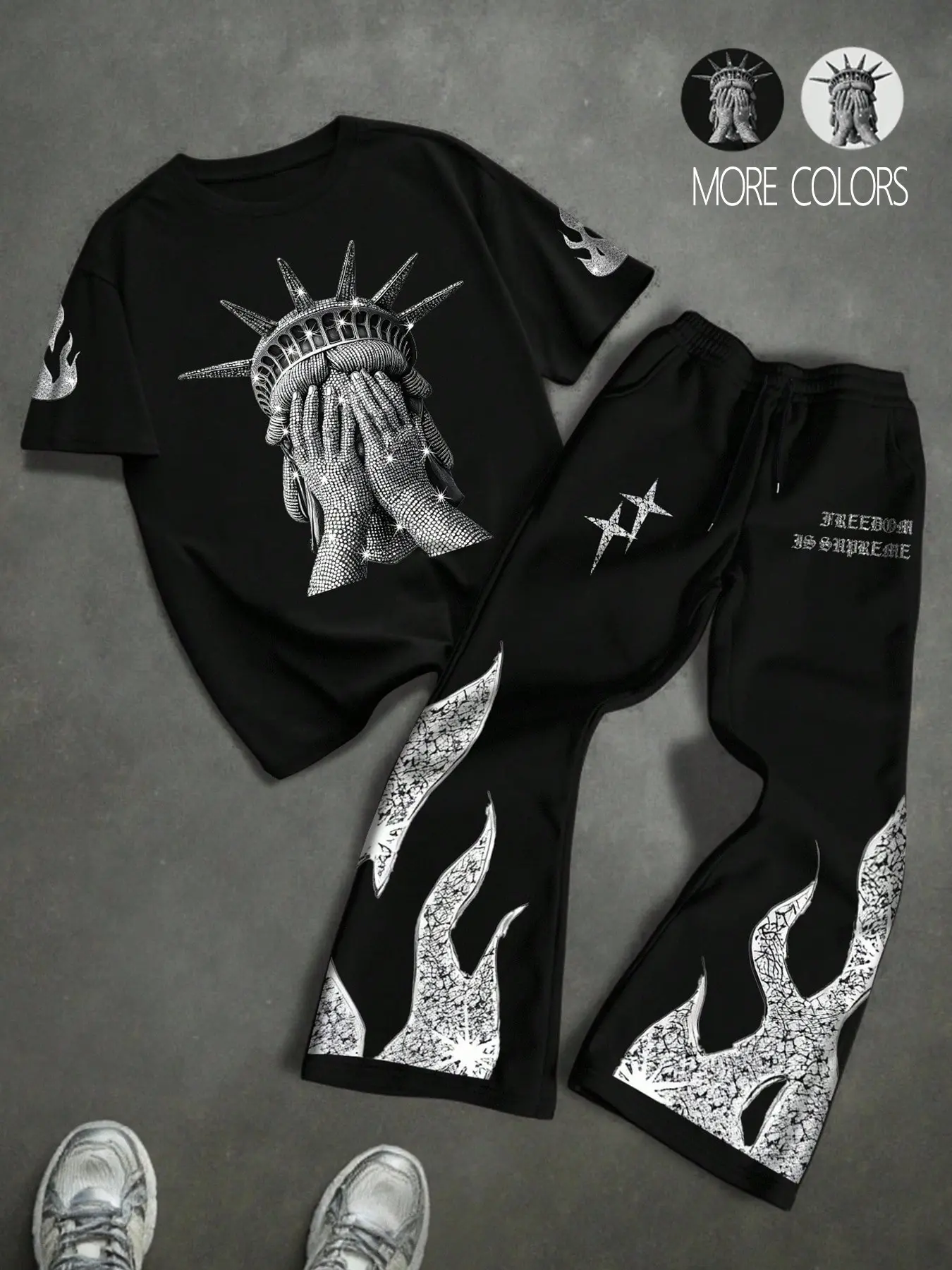 Unisex 2-piece set, Clothes, urban style, Streetwear Aesthetics, New York Statue of Liberty Graphic print, trendy short-sleeved shirt and long pants/sweatpants set, suitable for urban fashion, men's gifts, couples' outfits