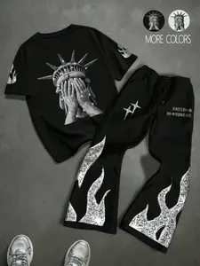 Unisex 2-piece set, urban style, Streetwear. New York's shy Statue of Liberty with fiery print, trendy short-sleeved shirt and long pants/sweatpants set. Suitable for urban fashion, trendy outfits, men's gifts, couples' outfits