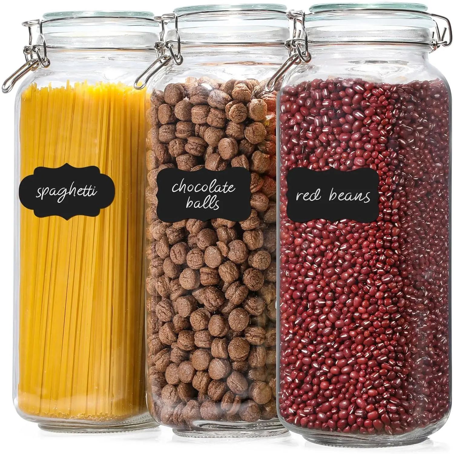 [ Taller ] 92oz Glass Jars with Airtight Lid, Large Glass  Storage Jars, 3 Pack Wide Mouth Airtight Glass Jars for Kitchen Pantry Spaghetti, Square Mason Jars with Labels