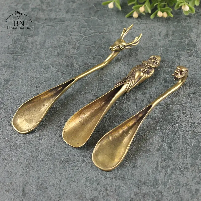 Vintage Brass Copper Deer Dharma Head Tea Scoops Shovel Coffee Black Tea Spoon Powder Teaspoon Teaware Tea Ceremony Ice Cream
