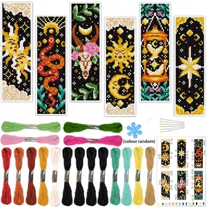 6-Piece Tarot Cross-Stitch Bookmark Kit, Creative Fabric Bookmarks, Includes Printed Fabrics & Embroidery Tools, Ideal for Beginners
