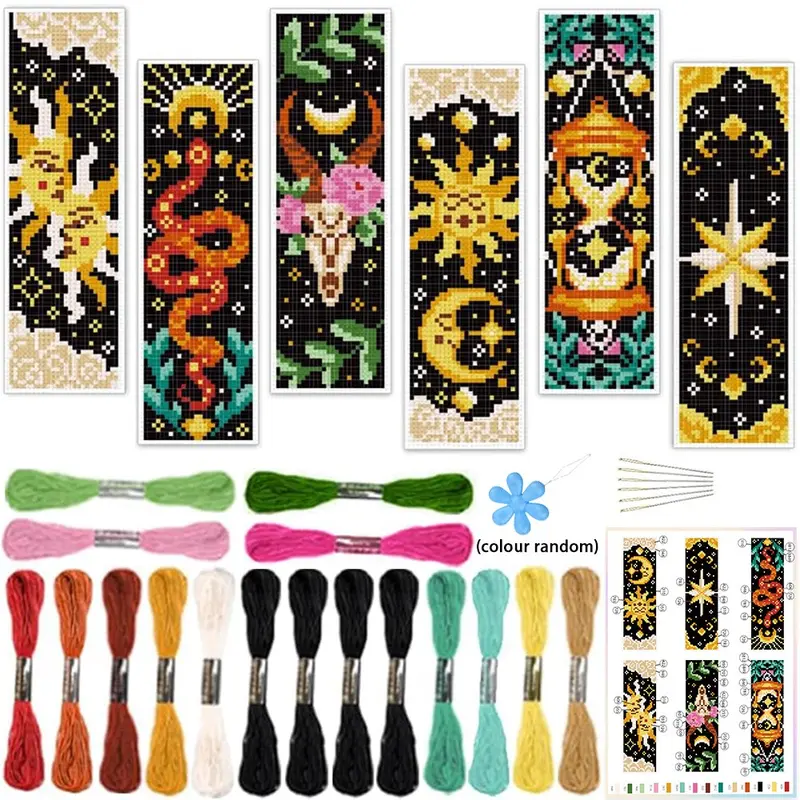 6-Piece Mysterious Tarot Cross-Stitch Bookmark Kit, Creative Fabric Bookmarks, Includes Printed Fabrics & Embroidery Tools, Ideal for Beginners