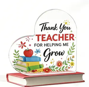 Teacher's Day Thank-You Gift 4.72-inch Transparent Acrylic Heart-Shaped Plaque Exquisite Compact Waterproof Decorative Sign for Office Classroom Desk Bookshelf Living Room