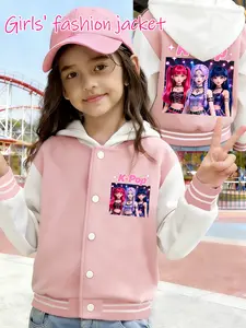 ✨ K-Pop Anime Idol Trio Print Baseball Jacket | Soft Fleece Hooded Kids Coat | Trendy Kpop Fashion Outerwear for Girls