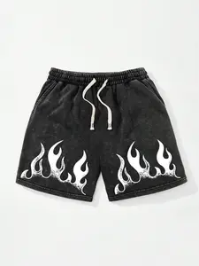 Men's Casual Vintage Flame Print Shorts, Graphic Shorts, Simple Design, Aesthetics, Perfect for School and Daily Wear, Fitted Style, Drawstring Waist, Fire And Stars Shorts