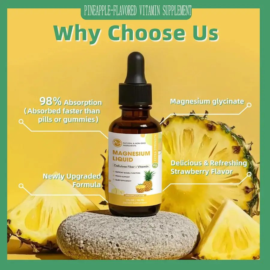 High Absorption Magnesium Glycinate Liquid Drops with Fiber, Bromelain, Vitamins B6/C/D & Zinc | Pineapple Flavor | 2-Pack for Kids & Adults gainer