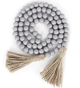 HomeWinner 58in Boho Wood Bead Garland with Tassels, Rustic Farmhouse and Prayer Country Decorative and Door Beads Wall Hanging Decoration (Gray) Wooden Ornaments Hangable