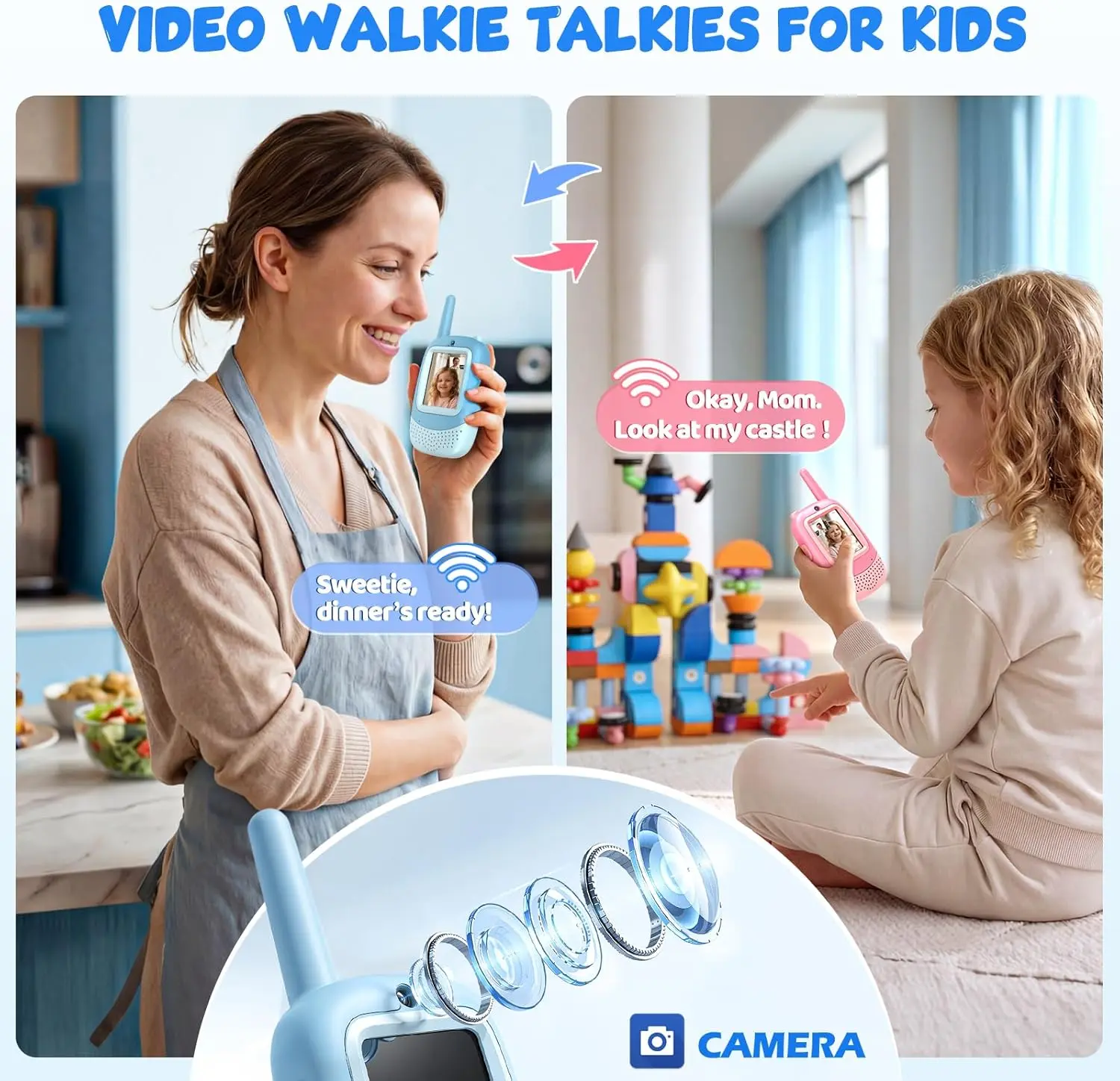 Kids Rechargeable Video Walkie Talkies 2-Pack, Long-Range with Video Call & Camera, Outdoor Camping Toys & Birthday Gifts for Boys & Girls Ages 3-12 (Blue/Pink)