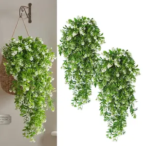 2 pack Artificial Hanging Plants Faux White Flowers Artificial UV Resistant Plastic Greenery Vines for Indoor Outdoor Room Wall Wedding Patio Porch Decor