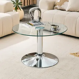 27.5 Inch Round Tempered Glass Coffee Table, Modern Light Luxury 17.7" Height Stable Coffee Table with Silver Metal Base, Contemporary Center Accent Cocktail Table for Living Room, Small Space, Apartment, Bedroom