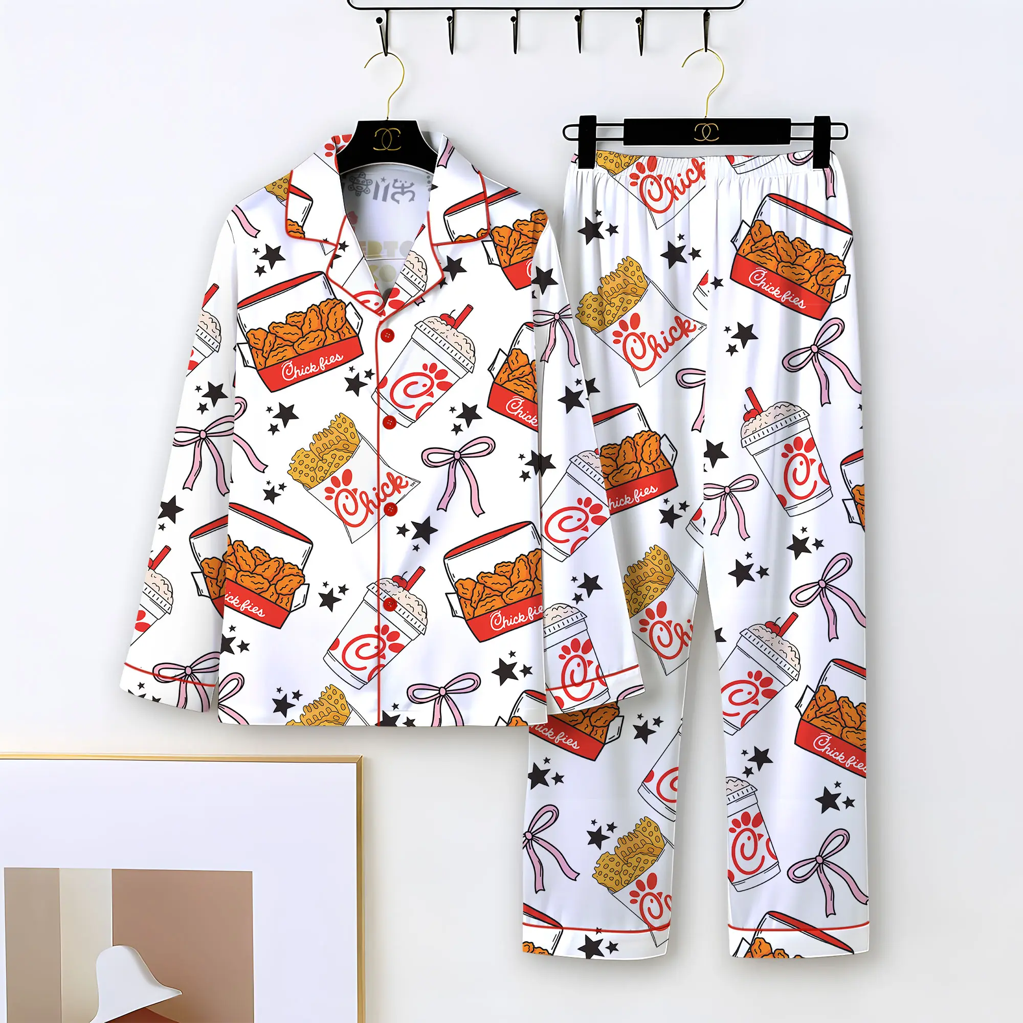 Women's Chicken Nuggets Coquette Polyester Satin Pajamas - Long Sleeve, Adjustable, Funny Cute Everyday Style Comfy Lounge Set for Holiday Gift, Glossy
