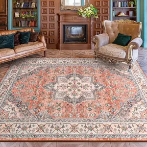 Orange Modern Machine Washable Vintage Area Rug, Faux Cashmere Non-Slip Low Pile Large Rug For Living Room, Bedroom, Farmhouse, Dining Room, 5x7, 7x10, 9x11 Feet