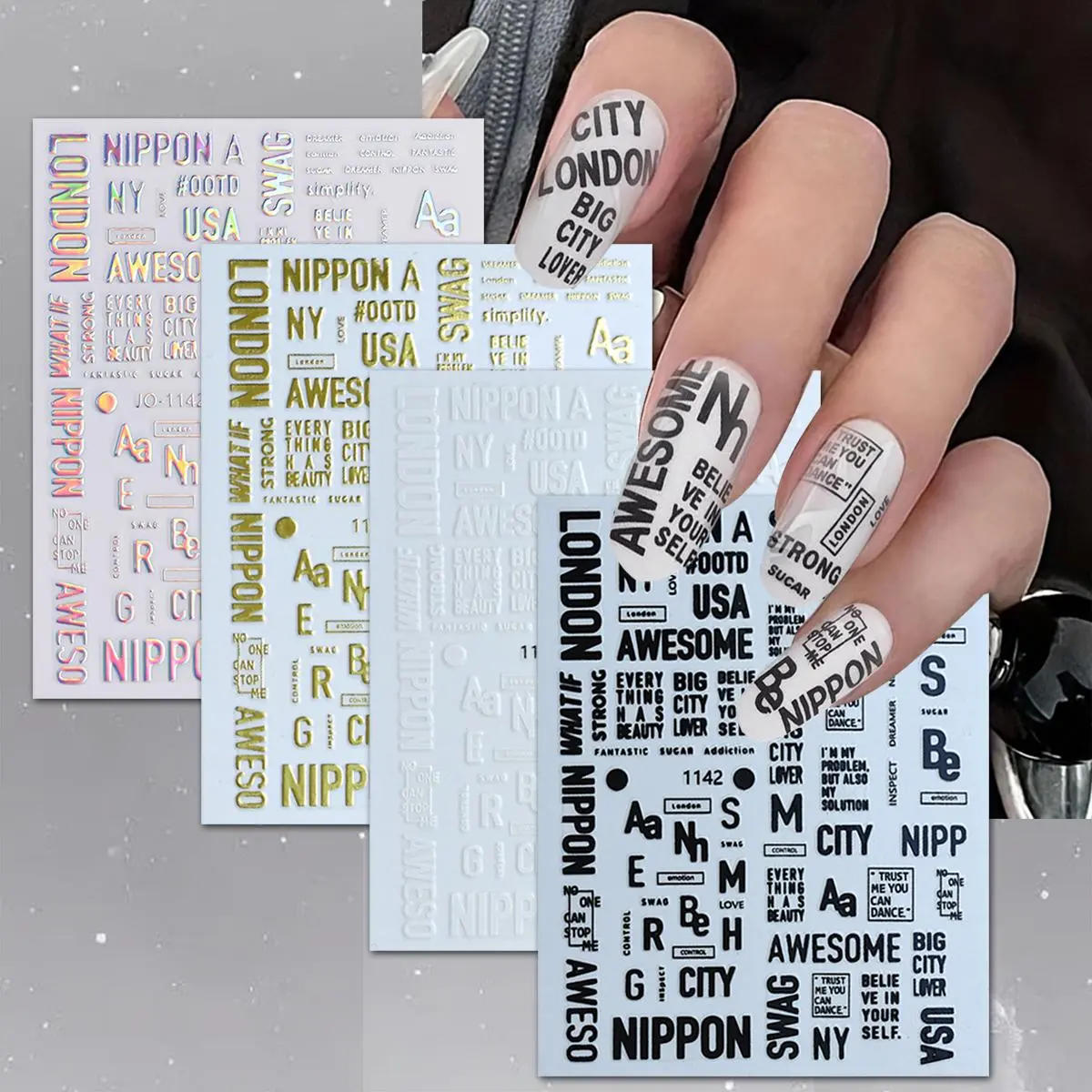4/8/12 Sheets City Letter Nail Art Stickers Set, Black White Gold Silver Typography Decals for DIY Gel Acrylic Nails