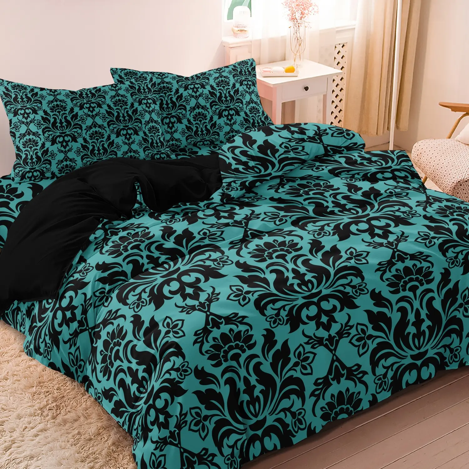3 Piece Teal Black Damask Floral Decorative Duvet Cover Set, Vintage Gothic Bedding Set with 2 Pillowcases, Soft Microfiber, Turquoise Damask Pattern, All Sizes Available Comforter Not Included