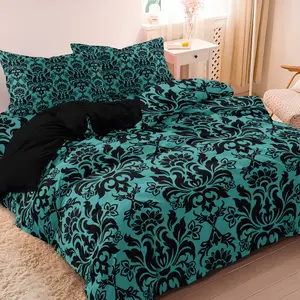 3 Piece Teal Black Damask Floral Duvet Cover Set, Vintage Gothic Bedding Set with 2 Pillowcases, Soft Microfiber, Turquoise Damask Pattern, All Sizes Available Comforter Not Included