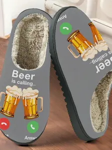Men's Fall & Winter Warm Slippers, Fun Beer Slogan Printed Cotton Slides, Fuzzy Lined Anti-Slip Thick Sole, Casual Home Shoes