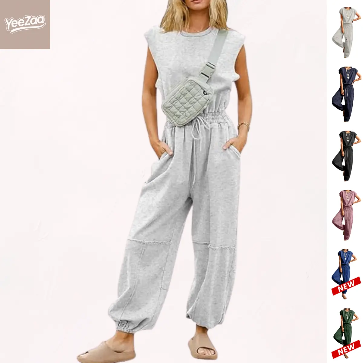 YeeZaa One Piece Jumpsuit Romper for Women Casual Crewneck Cap Sleeve Oversized Backless Jumpsuits Adjustable Drawstring Waist Wide Leg Pants Cinched Ankle Hem Cotton Blend Jumpsuit with Two Side Pockets Loungewear