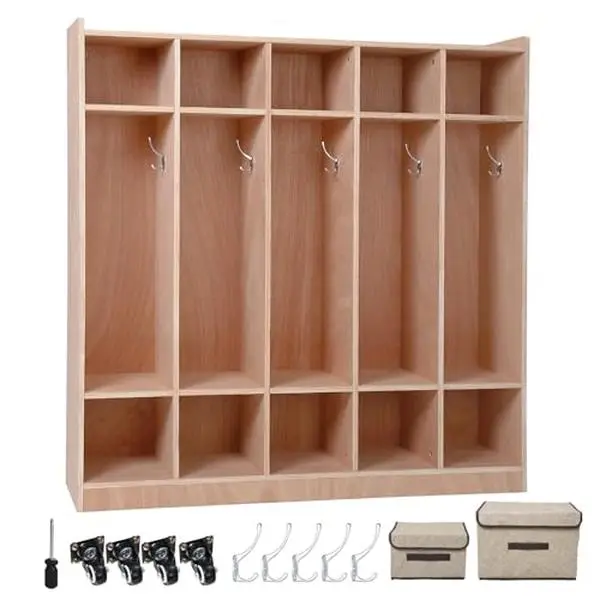 Children's wooden wardrobe with 5 compartments, 10 shelves, 5 hooks, 2 storage boxes & 4 wheels – Secure storage cabinet with anti-tip device – Ideal for daycare, school,