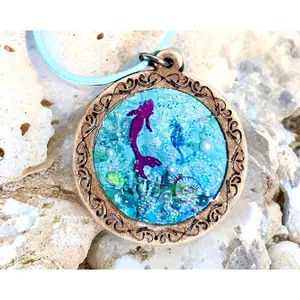 Young & Young at Heart Mermaid Ocean Fantasy Necklace-Beach Lover Unique Sea Blue Paint Skin Background Pendants-Stainless Steel-Wood-Chain