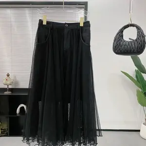 Elegant Black Sheer Overlay Skirt - High-Waisted, Ruffled Hem, Midi Length, Lightweight Sheer Tulle Design for Versatile Casual and Dressy Occasions - Womenswear, Elegance, Bottom, Feminine, Fashion, Fitted, Chic