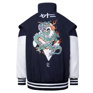 Yej5 Niepce Black Japanese Streetwear Fashion Embroidered Blue Dragon Baseball Jacket