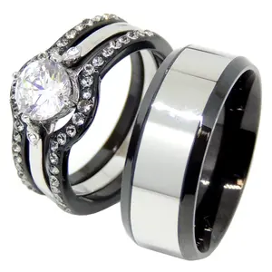 Lanyjewelry Unisex 4-Piece Stacking Ring Set - Black IP Stainless Steel, Round Cut CZ, 2-Tone Men's Band, His & Hers Wedding Rings